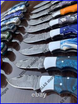 LOT of 20 pcs Damascus Steel Hunting Folding knife, Pocket Knives with Sheath (SK)