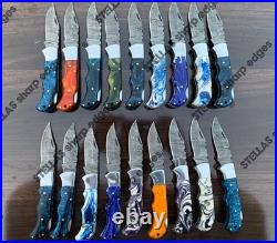 LOT of 20 pcs Damascus Steel Hunting Folding knife, Pocket Knives with Sheath (SK)
