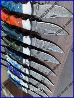 LOT of 20 pcs Damascus Steel Hunting Folding knife, Pocket Knives with Sheath (SK)