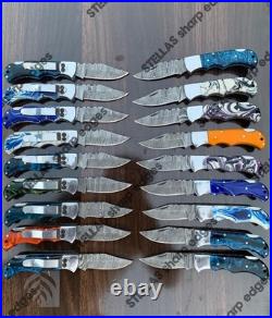 LOT of 20 pcs Damascus Steel Hunting Folding knife, Pocket Knives with Sheath (SK)