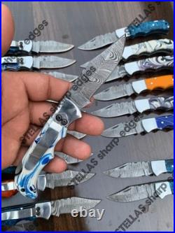 LOT of 20 pcs Damascus Steel Hunting Folding knife, Pocket Knives with Sheath (SK)