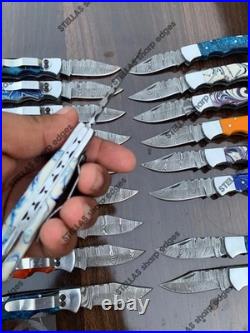 LOT of 20 pcs Damascus Steel Hunting Folding knife, Pocket Knives with Sheath (SK)