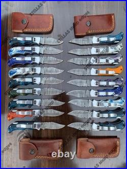 LOT of 20 pcs Damascus Steel Hunting Folding knife, Pocket Knives with Sheath (SK)