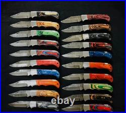 LOT of 20pcs Damascus Steel Folding knife, Pocket Knives With Leather Sheath