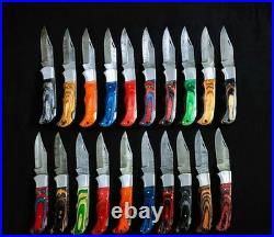LOT of 20pcs Damascus Steel Folding knife, Pocket Knives With Leather Sheath