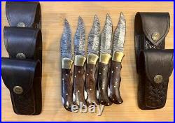 LOT of 5 pcs Damascus Steel Hunting Folding knife, Pocket Knives WithSheath