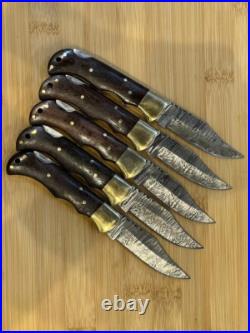 LOT of 5 pcs Damascus Steel Hunting Folding knife, Pocket Knives with Sheath WL