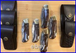 LOT of 5 pcs Damascus Steel Hunting Folding knife, Pocket Knives with Sheath WL