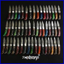 LOT of 50 pcs Damascus Steel Hunting Folding knife, Pocket Knives with Sheath JWK