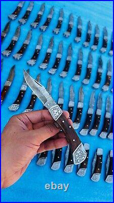 LOT of 55 PCS Damascus handmade back lock Folding pocket Hunting knife Pouch