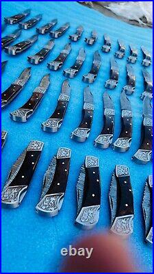 LOT of 55 PCS Damascus handmade back lock Folding pocket Hunting knife Pouch