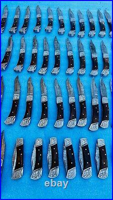 LOT of 55 PCS Damascus handmade back lock Folding pocket Hunting knife Pouch