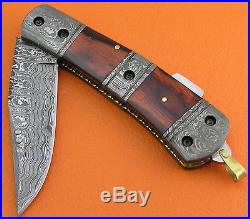 Limited Edition Damascus Steel Dyed Camel Bone Back Lock Folding Knife 816E-2