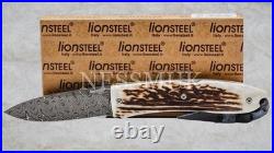 Lion Steel T8800DCE Opera Damascus Stag Lockback Folding Pocket Knife