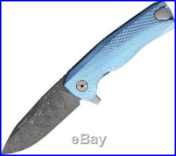 LionSTEEL ROK Flipper Folding Knife 3.25 Damascus Blade Blue Titanium Handle