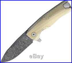LionSTEEL ROK Framelock Folding Knife 3.25 Damascus Blade Gold Titanium Handle