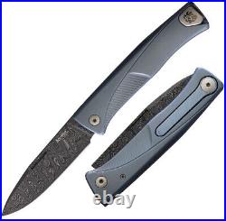LionSTEEL Thrill Folding Knife 3.13 Damascus Steel Blade Blue Titanium Handle
