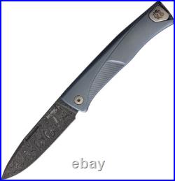 LionSTEEL Thrill Folding Knife 3.13 Damascus Steel Blade Blue Titanium Handle