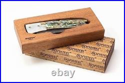 LionSteel Opera Damascus Lockback Knife Abalone Mother of Pearl Handle Rare