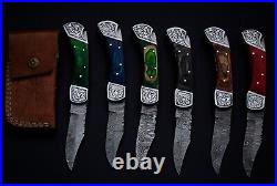 Lot 10 pcs Damascus steel back lock folding knife with leather sheath