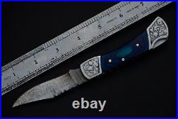 Lot 10 pcs Damascus steel back lock folding knife with leather sheath