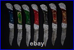 Lot 7 pcs Damascus steel back lock folding knife with leather sheath