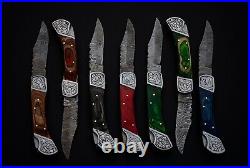 Lot 7 pcs Damascus steel back lock folding knife with leather sheath