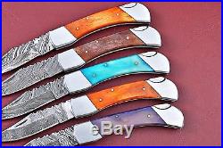 Lot OF 5 Custom Handmade Damascus folding Knife With Color Bone Handle W. 2832