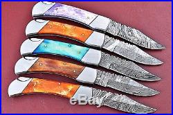 Lot OF 5 Custom Handmade Damascus folding Knife With Color Bone Handle W. 2832