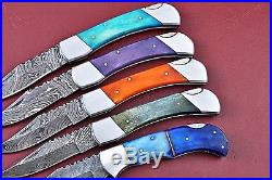 Lot OF 5 Custom Handmade Damascus folding Knife With Color Bone Handle W. 2835