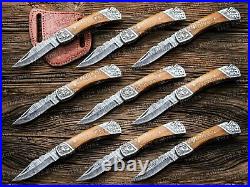 Lot OF 9 PCS Damascus Handmade Back Lock Folding Knife, Camping Hunting Knife