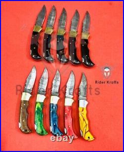 Lot Of 10 Back lock Damascus Steel Folding Knife with Bull Horn And Wood Handle
