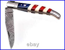 Lot Of 10 Damascus Steel Blade American Flag Pocket Folding Knife287