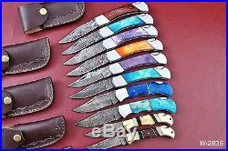Lot Of 10 Handmade Damascus Folding Knife With Color Bone+Bone Handle W. 2836