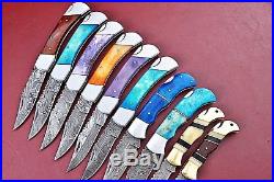 Lot Of 10 Handmade Damascus Folding Knife With Color Bone+Bone Handle W. 2836