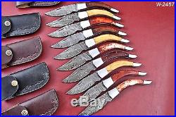 Lot Of 10 Handmade Damascus Folding Knife With Color Bone+Wood Handle W. 2457