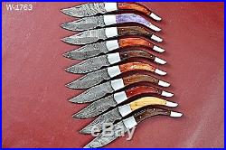Lot Of 10 Handmade Damascus Folding knife With Color Bone+Wood Handle W. 1763