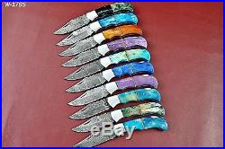 Lot Of 10 Handmade Damascus Folding knife With Color bone Handle W. 1765