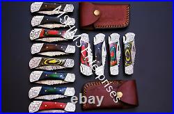 Lot Of 12 7 Inch Custom Damascus Steel Pocket Folding Knife W\sheath 12