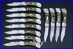 Lot Of 12 PCS Handmade Damascus Steel Pocket Folding Knife Wood Handle