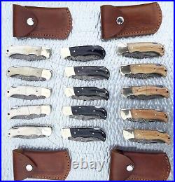 Lot Of 15 Custom Damascus steel Handmade lockback pocket knife set with sheath