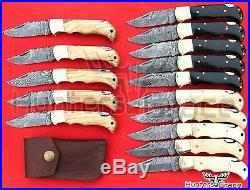 Lot Of 15 Damascus Custom Handmade Back Lock Pocket Folding Knife Horn & Wood