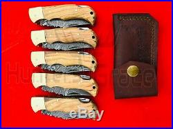 Lot Of 15 Damascus Custom Handmade Back Lock Pocket Folding Knife Horn & Wood
