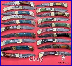 Lot Of 20 Backlock Damascus Folding knife with Pockletclip Bone Pakka Wood Handl