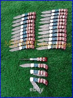 Lot Of 25 6.5 Inch Custom Damascus Steel Pocket Folding Knife W\sheath Flag