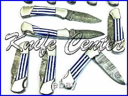 Lot Of 25 6.75 Inch Custom Damascus Steel Pocket Folding Knife W\sheath Blue