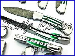 Lot Of 25 6.75 Inch Custom Damascus Steel Pocket Folding Knife W\sheath Green