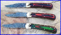 Lot Of 3 Pieces Damascus steel Handmade automatic switch folding knives