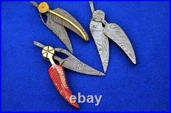 Lot Of 3Piece Custom Hade Made Damascus Steel Leaf Shape Folding Pocket Knife