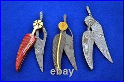 Lot Of 3Piece Custom Hade Made Damascus Steel Leaf Shape Folding Pocket Knife